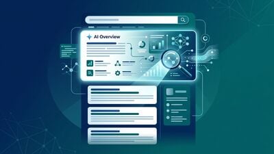 Abstract illustration of a search engine results page with AI Overview panel dominating the top, organic results pushed below, magnifying glass and data visualization elements — representing zero-click search behavior