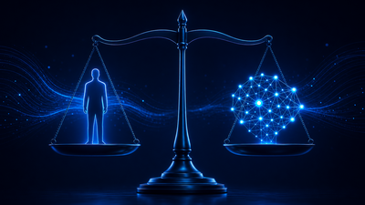 Scale balancing a human silhouette against an AI node cluster, illustrating cost comparison between human and AI employees