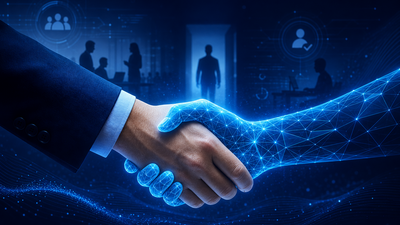 Human hand and AI geometric construct handshaking, representing hiring an AI employee for a marketing team