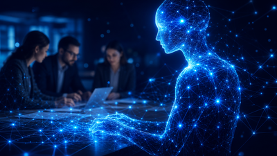 AI employee represented as a glowing neural network figure