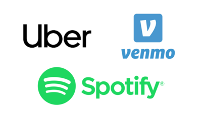 Logos of Venmo, Uber, and Spotify