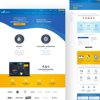 HelpSystems website mockup highlighting security and intelligent automation, with a blue header and sections showing customer rating, stats, and feature icons.