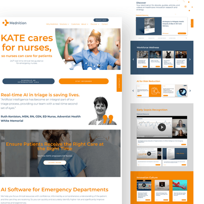 Screenshot of a healthcare technology website homepage promoting AI-powered triage tools for emergency departments, featuring a nurse image, navigation menus, and sections highlighting risk reduction, sepsis recognition, and workforce wellness resources.