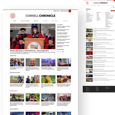 Cornell Chronicle homepage featuring President Pollack's commencement speech "seek comfort less - and courage more," with news sections including Latest News, Editor's Picks, New York State Impact, and Cornell Research stories in grid layout.
