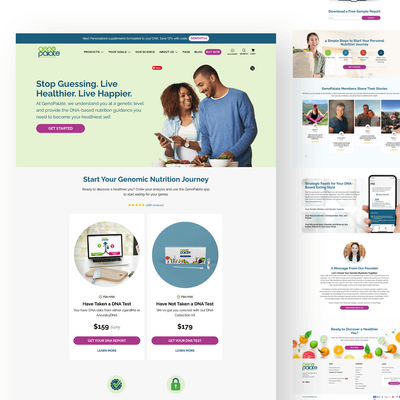 Screenshot of the GenoPalate website promoting DNA-based nutrition guidance, featuring a couple preparing food, calls to start a genomic nutrition journey, DNA test options, customer stories, and wellness resources.