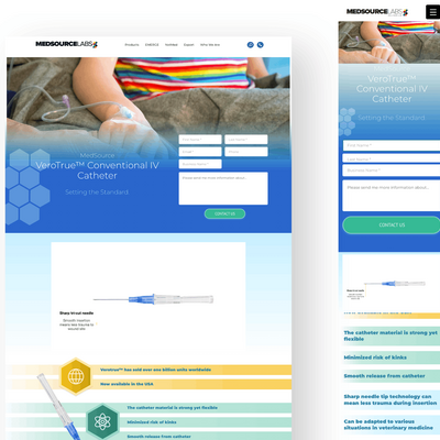 MedSource Labs VeroTrue™ Conventional IV Catheter landing page featuring patient image, contact form, and product benefits including sharp tri-cut needle, global sales achievement badge, and key features like strong yet flexible material, minimized kink risk, and smooth catheter release.