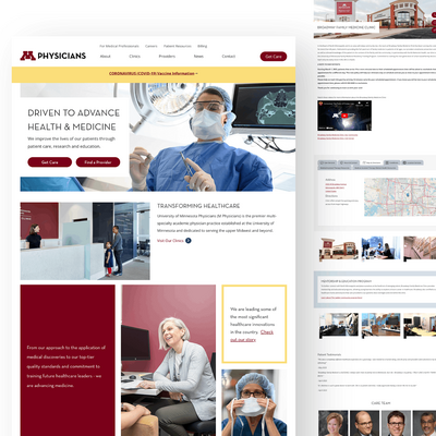 Screenshot of the University of Minnesota Physicians website homepage featuring healthcare services information, a surgical professional image, clinic details, patient resources, and care navigation options.