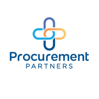Procurement Partners logo featuring an interlocking chain design in blue, orange, and yellow colors forming a cross-like symbol, with "Procurement PARTNERS" text below in navy blue.