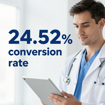 A clinician in a white coat reviewing a tablet, with bold text overlay reading 24.52% conversion rate.