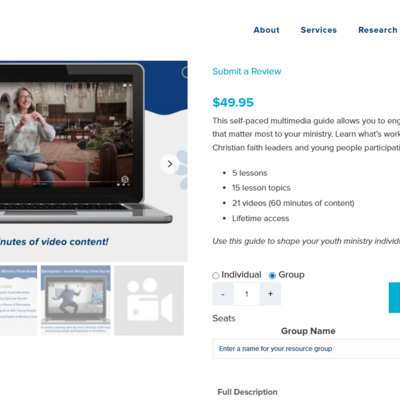 Springtide's Youth Ministry Field Guide product landing page with group registration