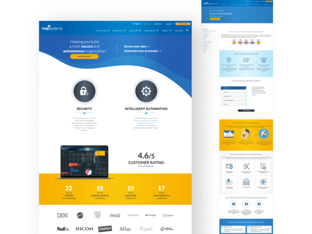 HelpSystems website mockup highlighting security and intelligent automation, with a blue header and sections showing customer rating, stats, and feature icons.