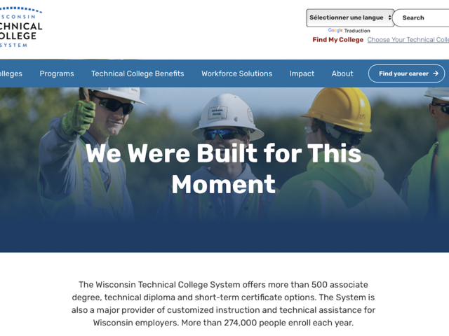 Homepage banner for the Wisconsin Technical College System showing construction workers in hard hats with the headline ‘We Were Built for This Moment.