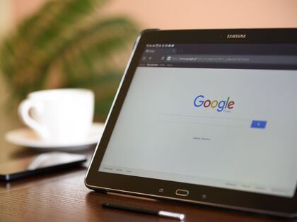 Google search engine page shown on a tablet