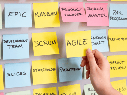 A bunch of post-it notes with the word "Agile" and other terms.