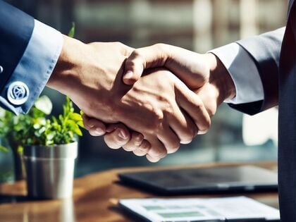 Two business professionals shaking hands with a contract