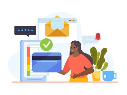 Graphic showing a satisfied customer, a phone and a credit card