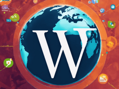 Illustration of a large 'W' for WordPress over a globe, with digital icons and connections symbolizing web migration
