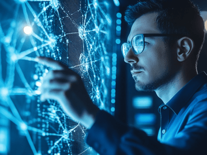 Digital art showing a digital transformation agency manager operating a futuristic screen