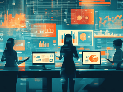 Digital artwork depicting a future-focused B2B marketing team using AI for strategic planning