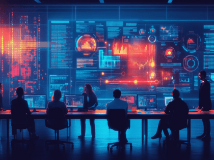 A modern office with a team of CRM experts working together, surrounded by laptops and screens showing data charts and graphs