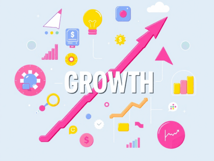 Illustration of business growth with arrows, graphs, and icons representing market expansion, innovation, product development, and diversification on a clean background.