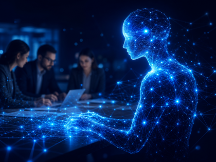 AI employee represented as a glowing neural network figure