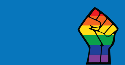 Blue background with a rainbow-colored fist