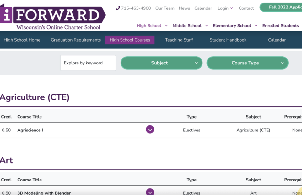 iForward course catalog page