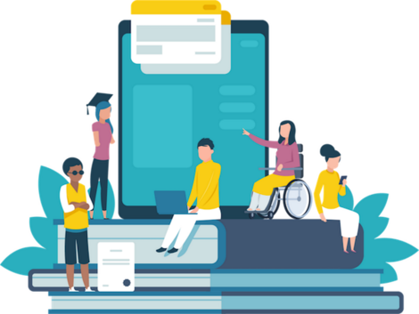 Drawing of people with disabilities reviewing a website
