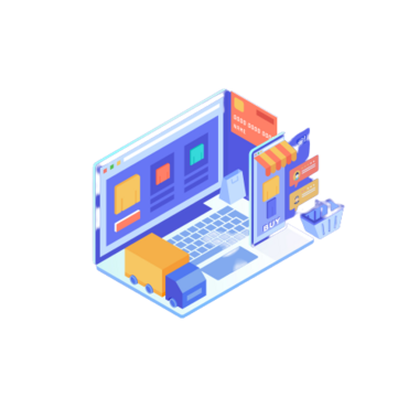 computer running with a truck, credit card, and market place