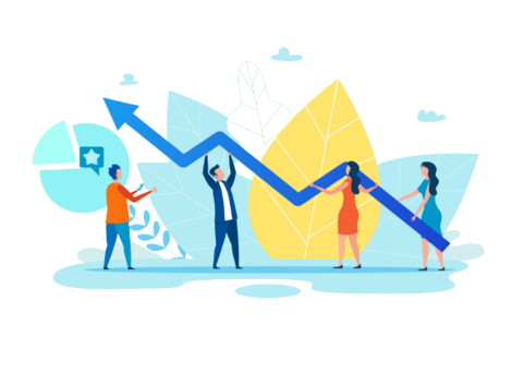 growth arrow held up by cartoon people