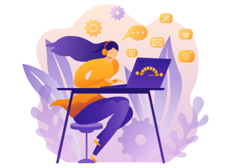 Girl working hard at a computer with hair flowing behind her 