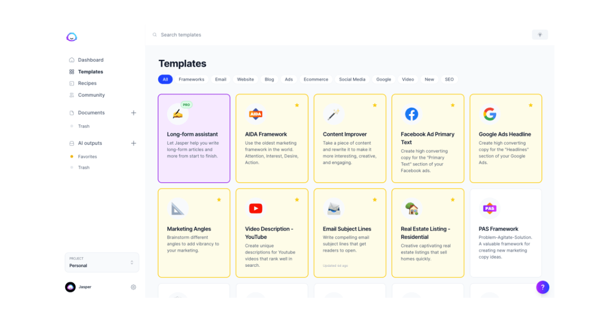 Templates from Jasper, an AI writing tool