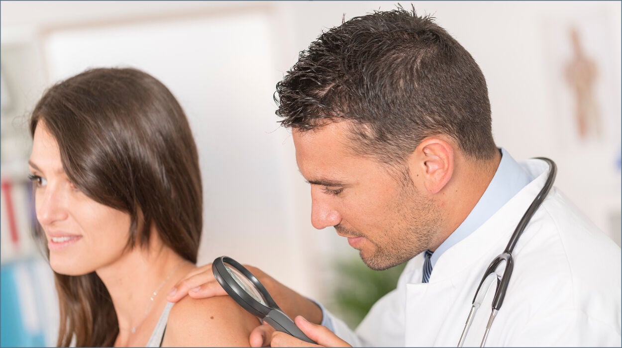 A dermatologist checking a patient's skin with a magnifying glass.