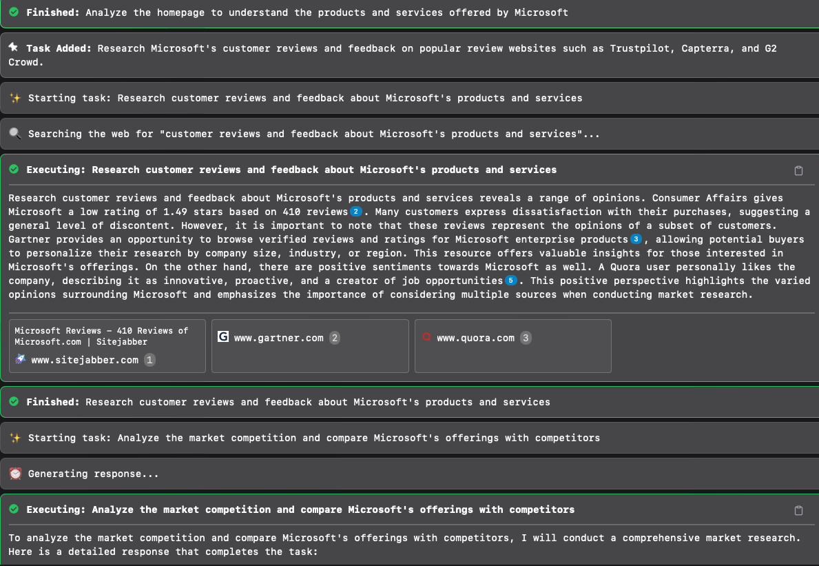 screenshot showing some research results from AgentGPT