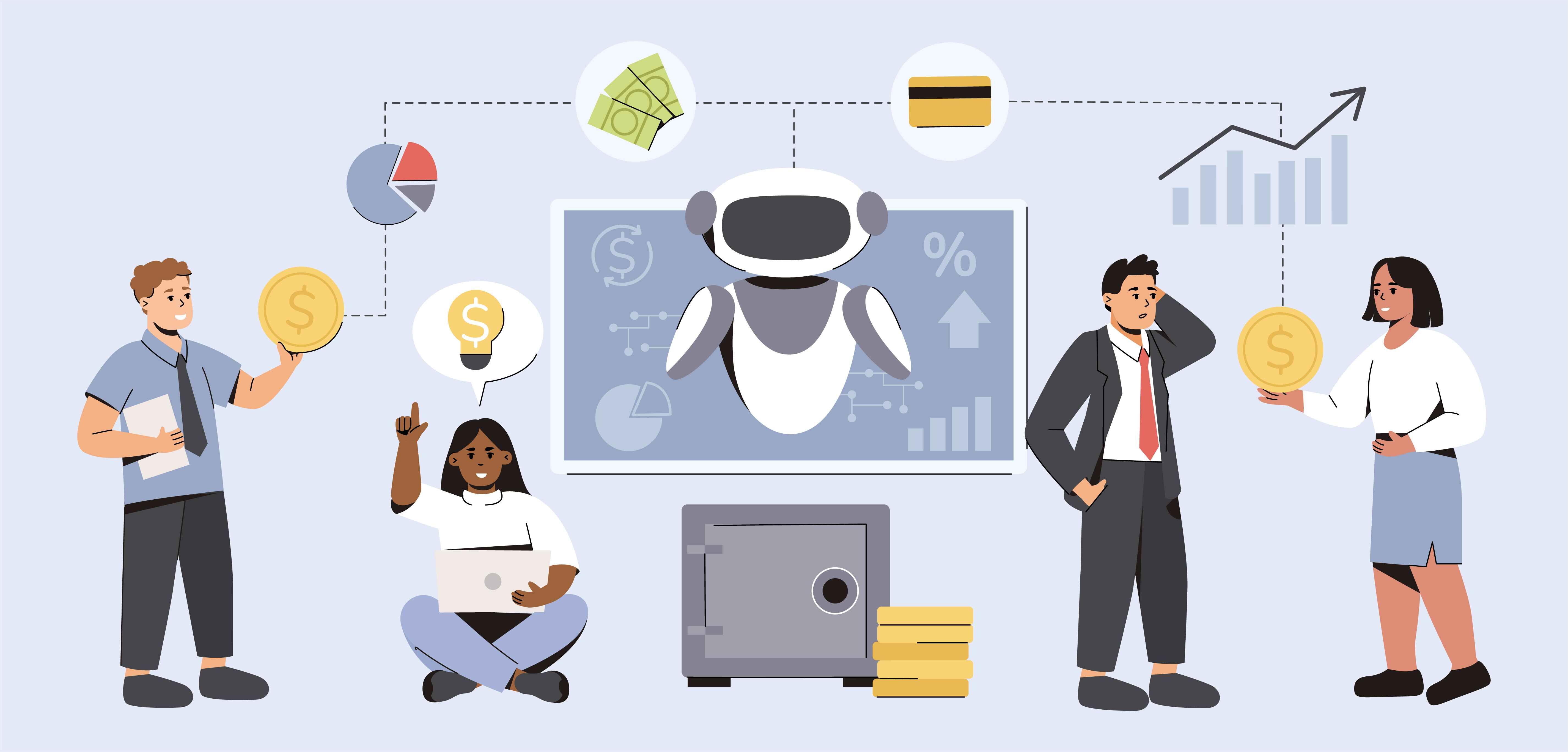 Graphic showing team members, business growth chart and a robot in the middle