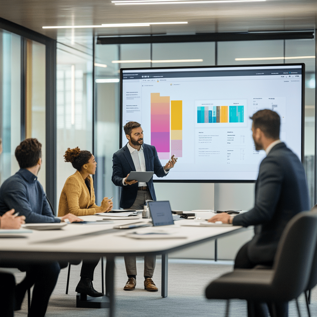 Project manager in a conference room discussing digital transformation strategy with business stakeholders, using a large screen for presentation
