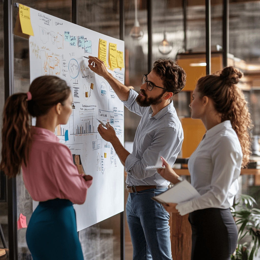 A corporate team setting clear objectives and KPIs on a whiteboard