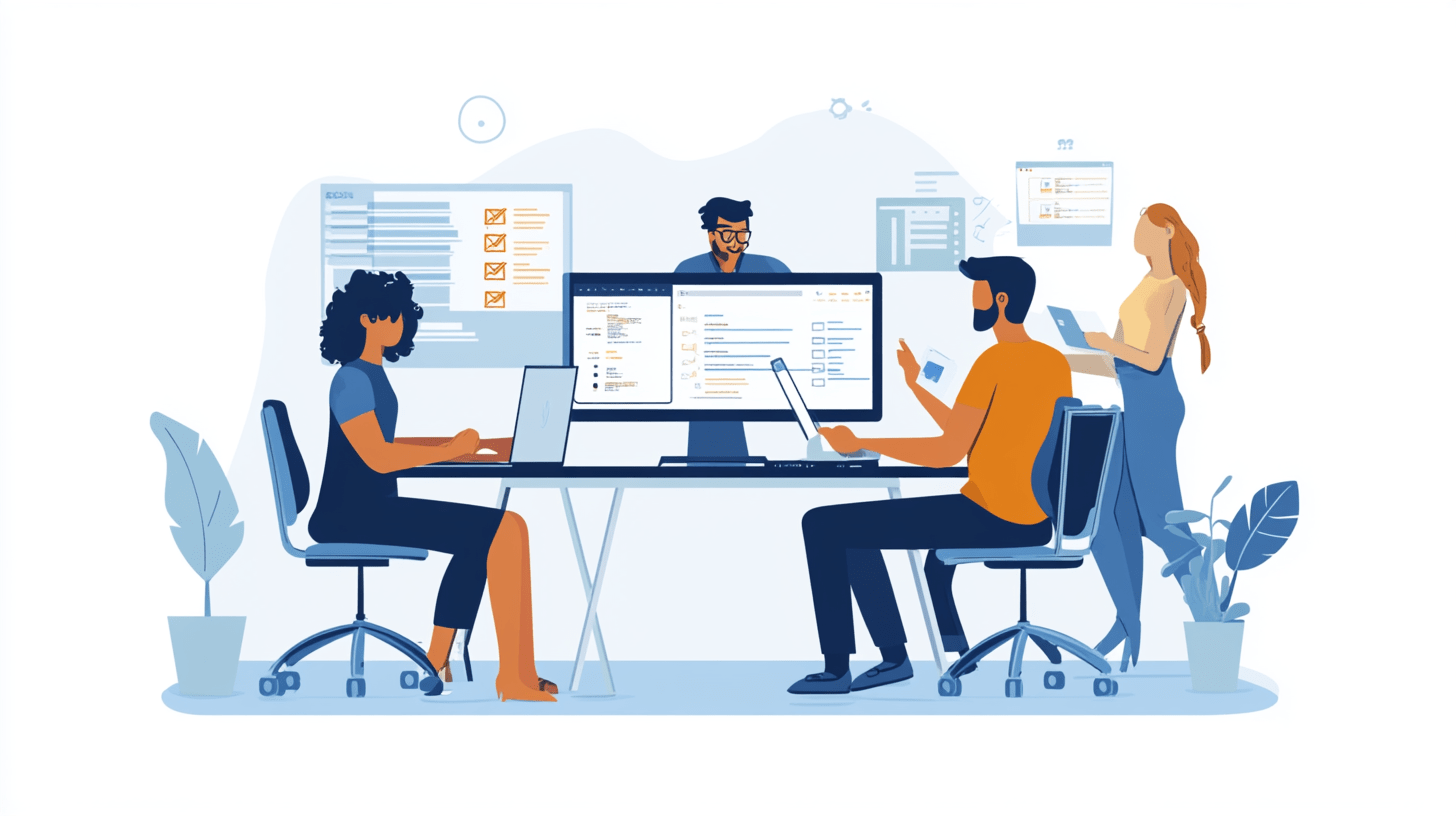 Illustration showing a development team discussing and researching the best Drupal migration tool to use