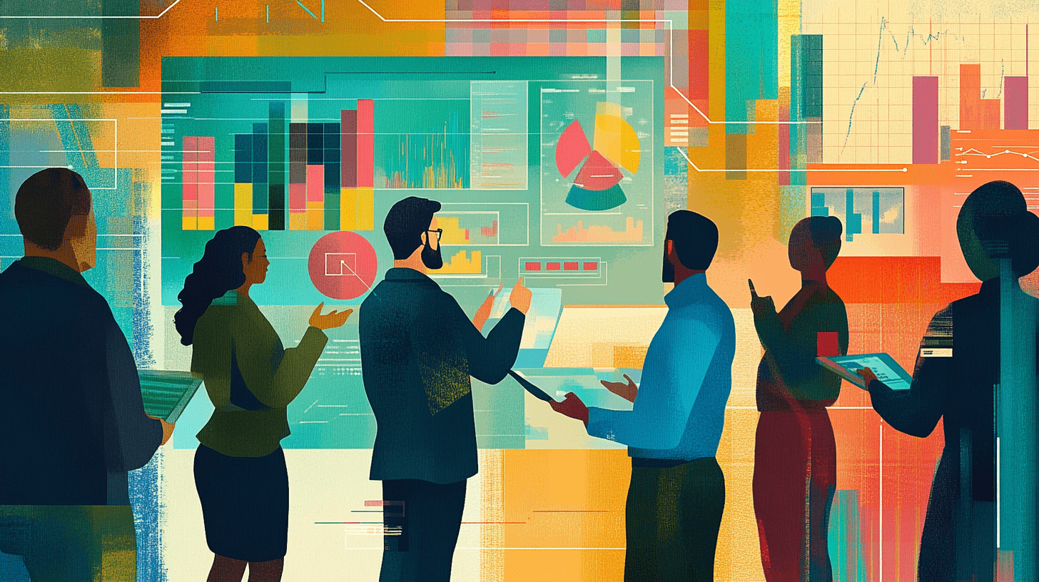 Illustration showing DMaaS team going over analytics data, and best practices for a successful execution