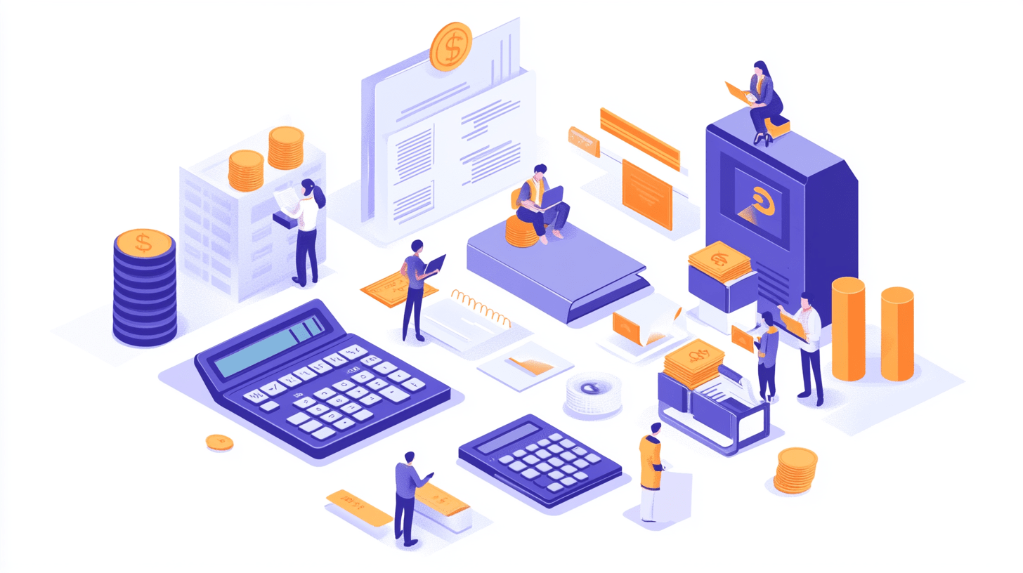 Illustration showing professionals working with financial plans, calculators, and allocation charts