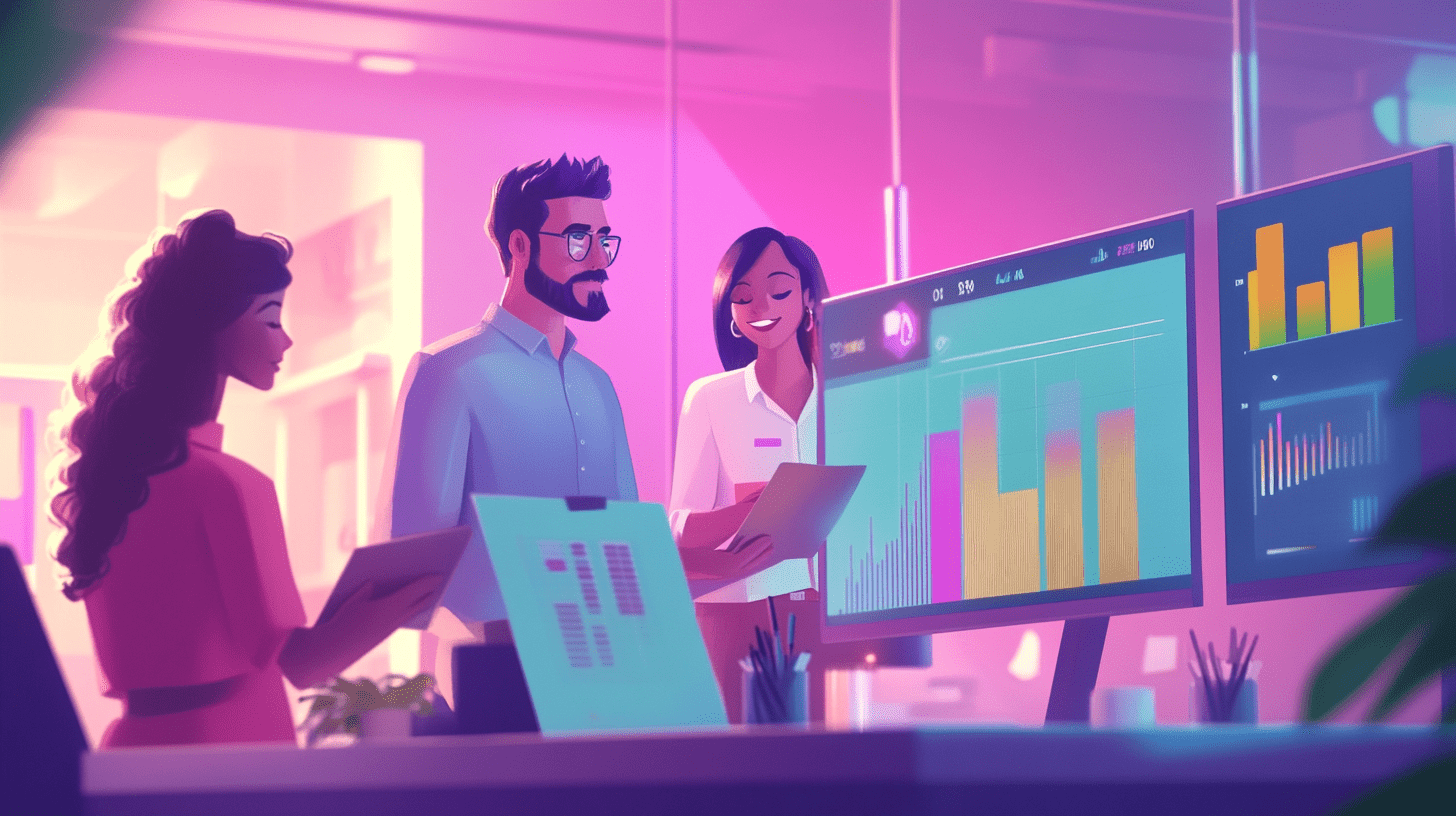 Illustration of a team engaging in strategic marketing planning to drive business growth, featuring professionals analyzing data on charts and graphs