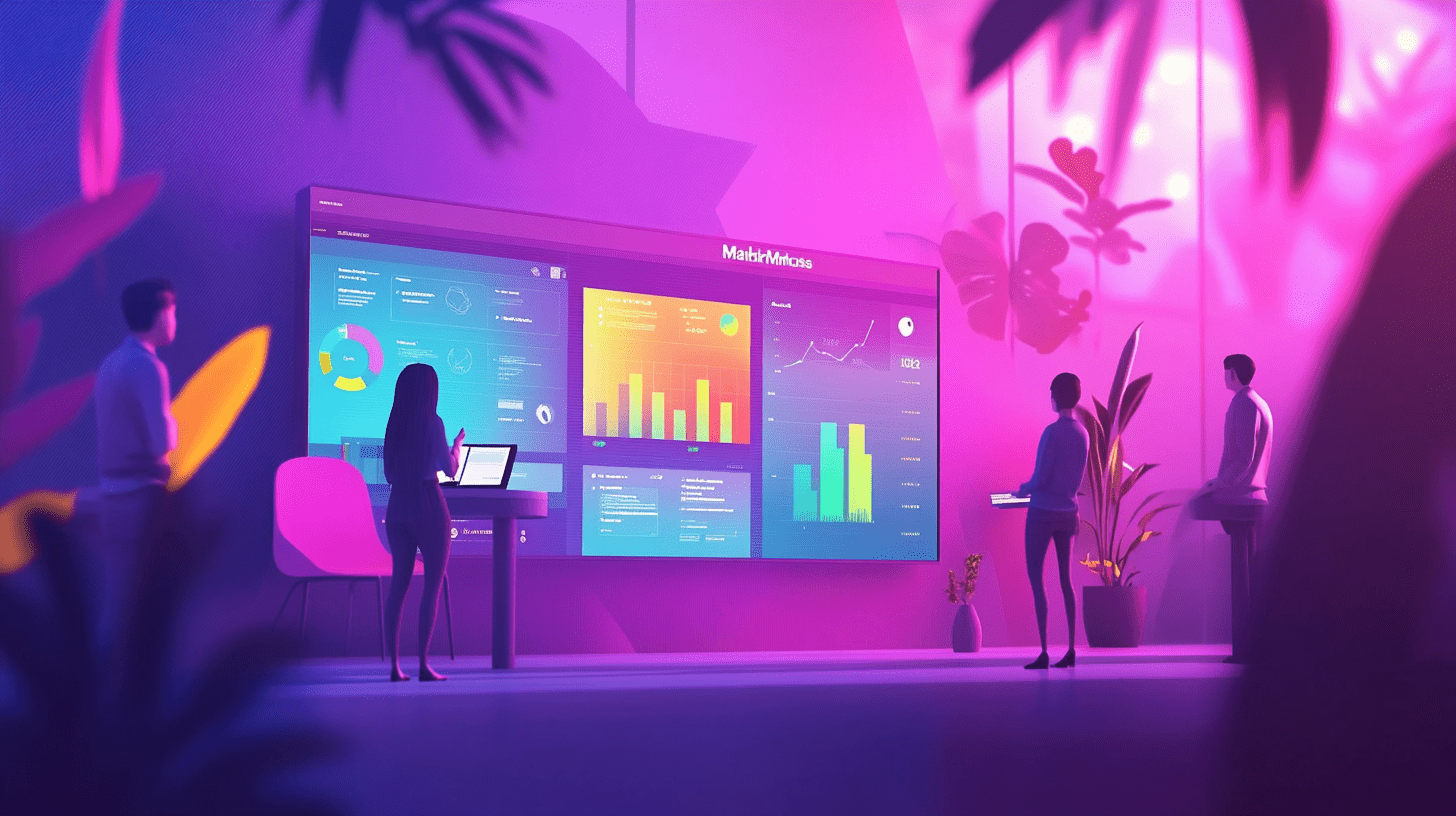 Illustration showing a content team viewing their business growth data