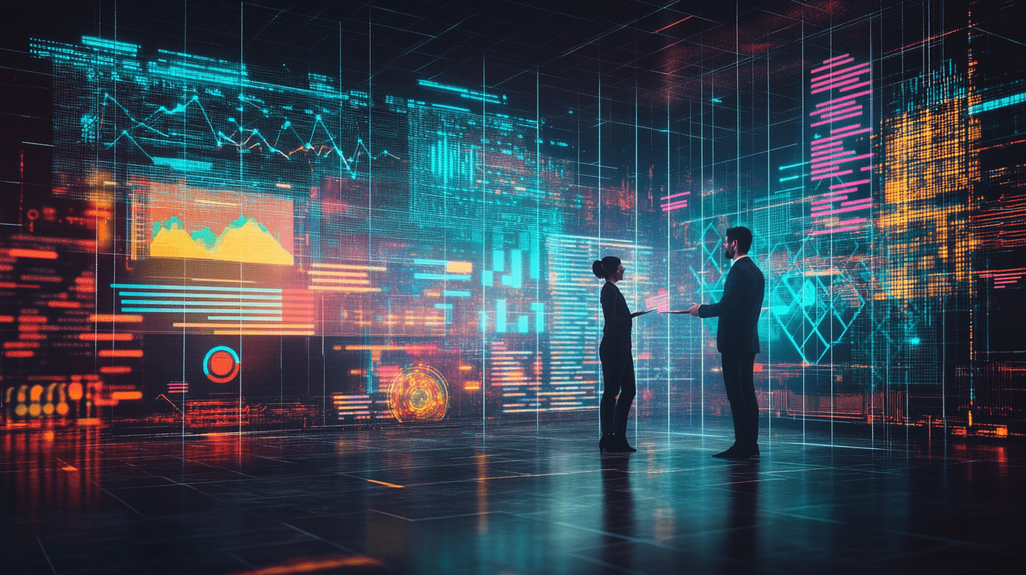 illustration showing two digital transformation experts engaged in a strategy discussion