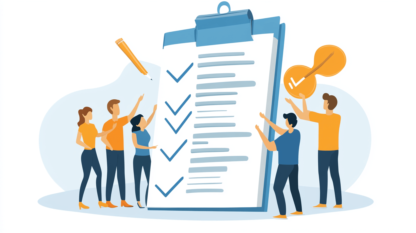 Illustration of a team setting marketing objectives and goals, featuring members gathered around a large checklist with various goals outlined
