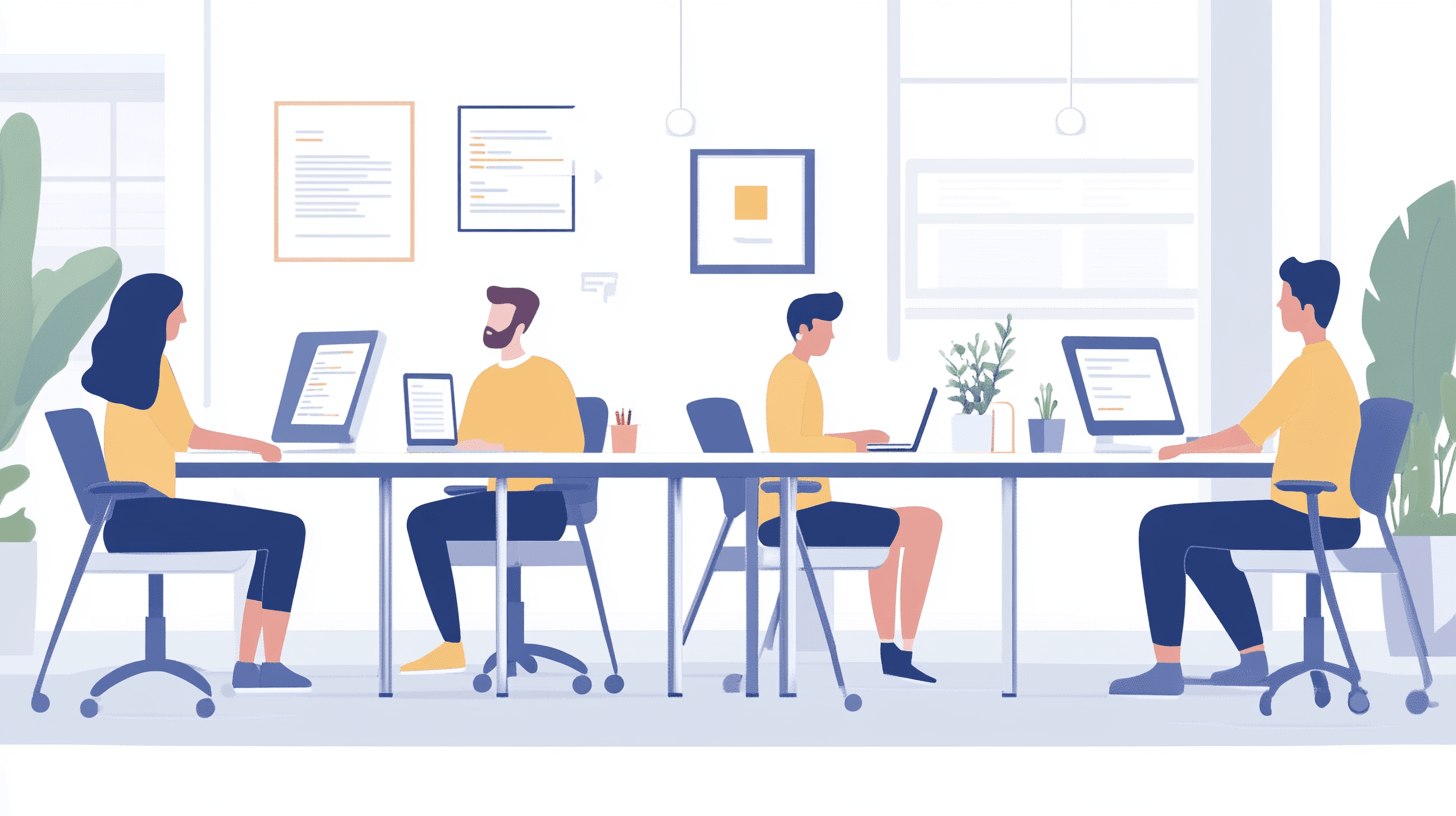 Illustration showing a setting featuring content marketers collaborating with SEO professionals, digital marketing agencies working together in a well-organized office environment