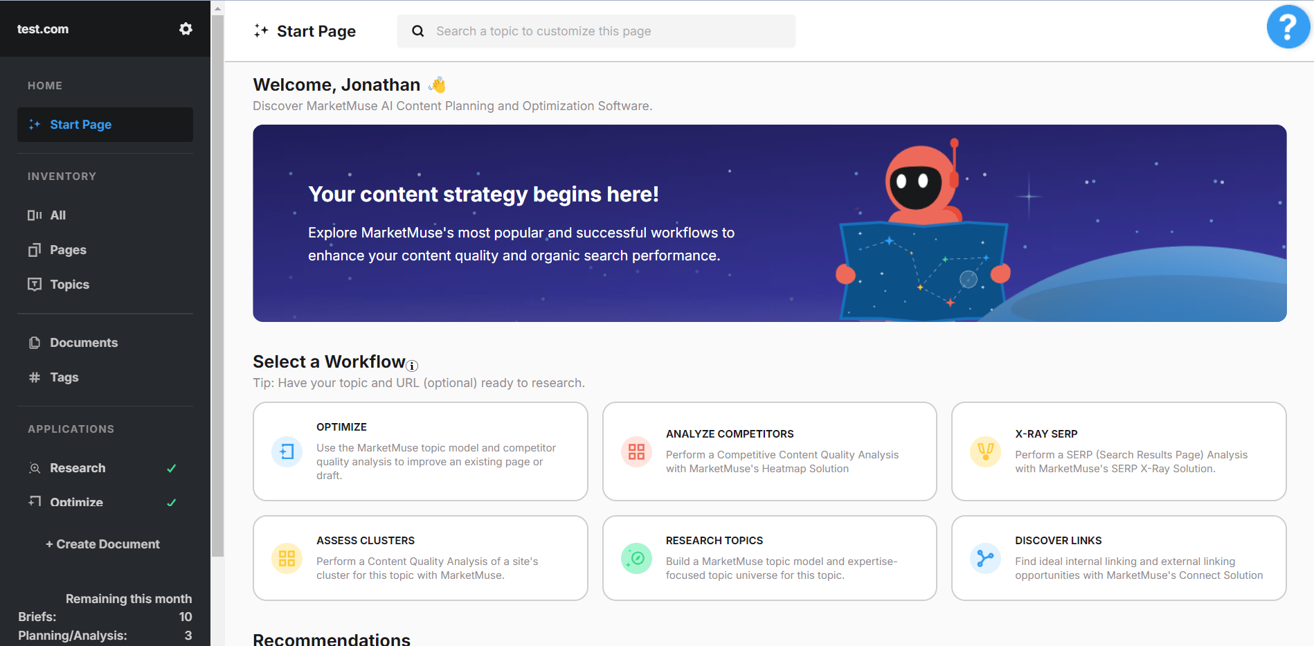 screenshot of MarketMuse's start page