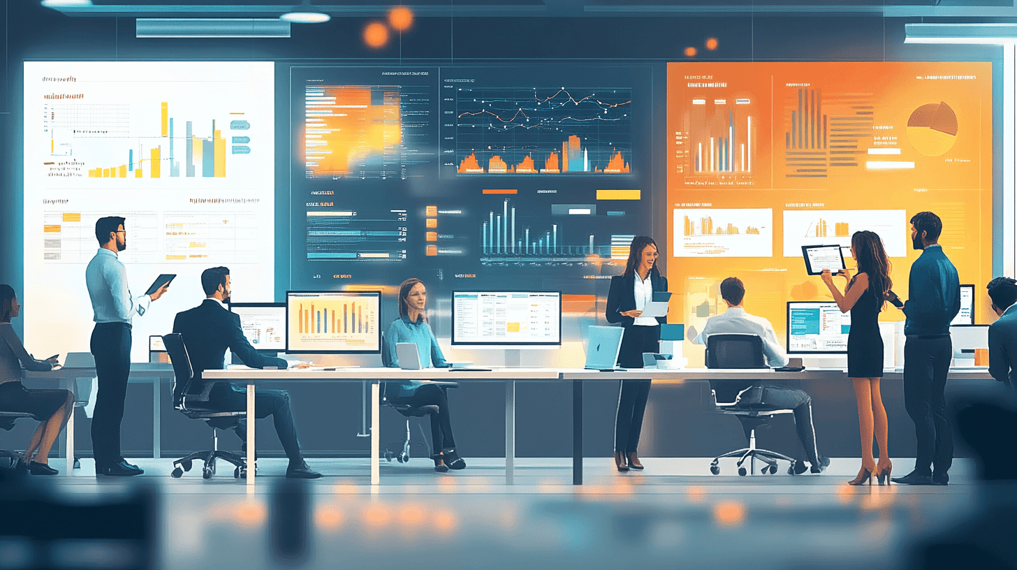 Sales and marketing teams collaborating in a modern office