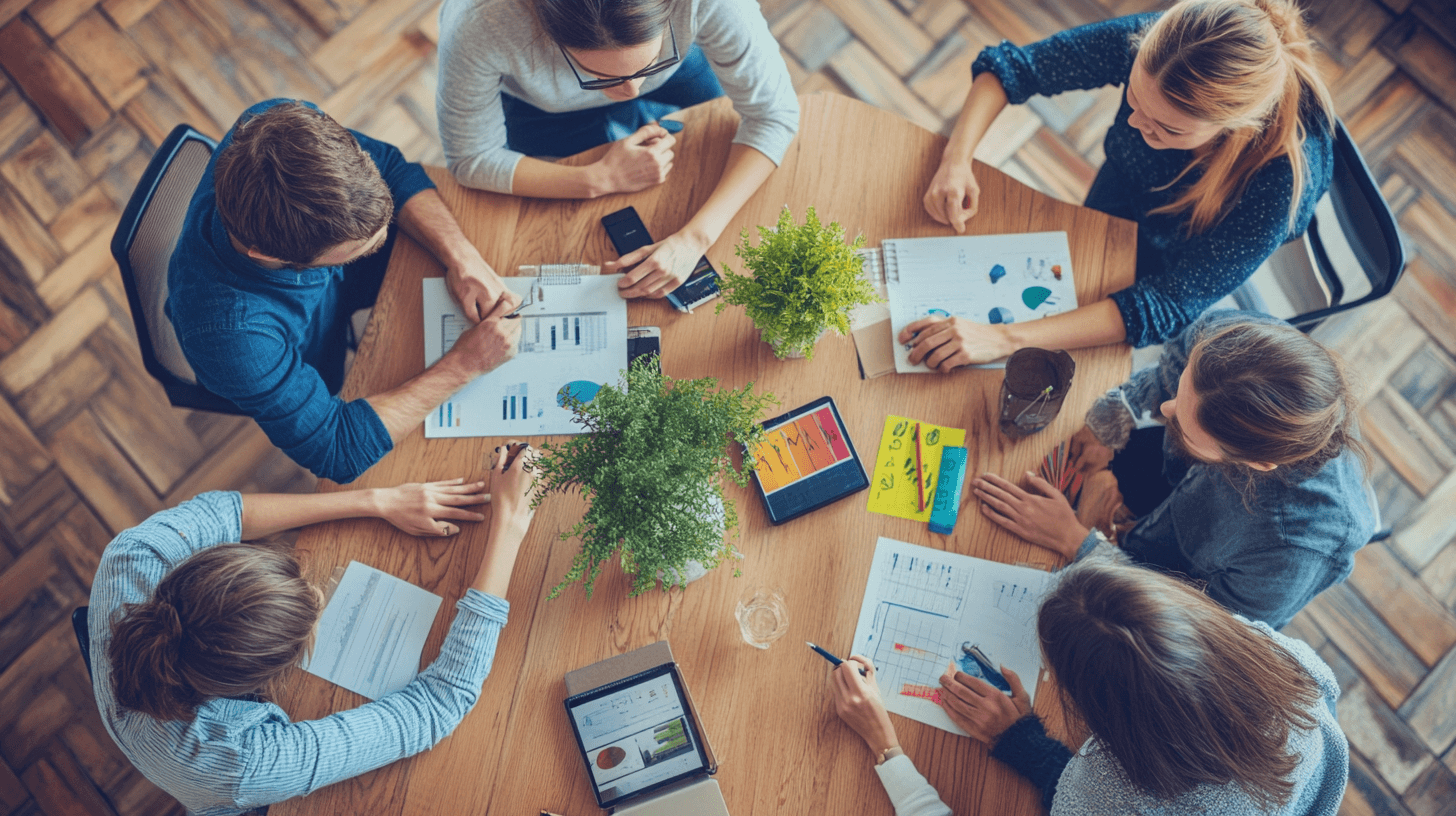 Marketing team members collaborating in an office environment