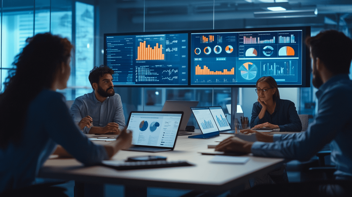 Software marketing team of professionals analyzing data